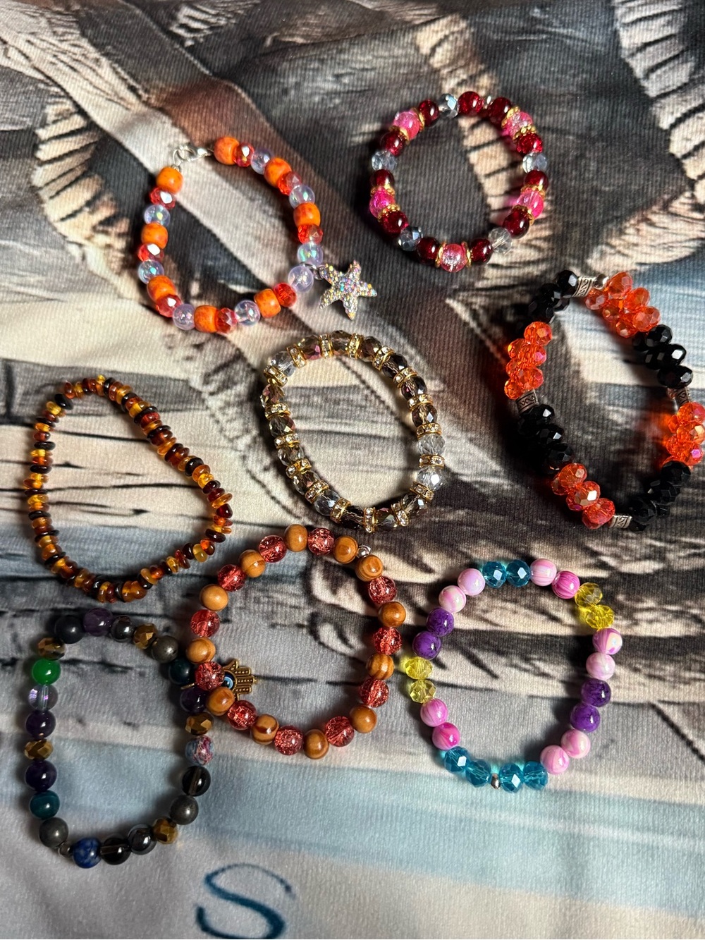 New Set of 8 Colorful Crystal Beaded Elastic Bracelets
